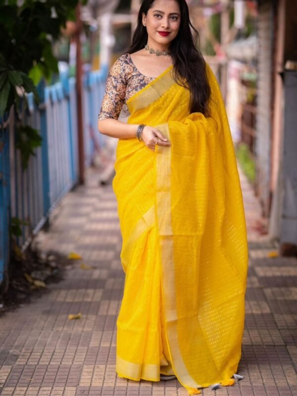 Linen Sarees with Sequence Work - Yellow Saree - blue dhaara