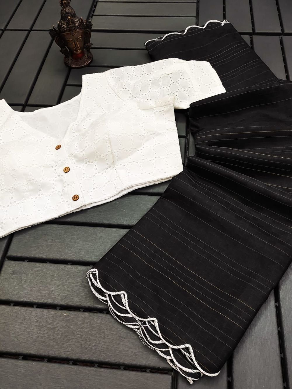 Manipuri Cotton Kota Chex Black Saree with White Blouse