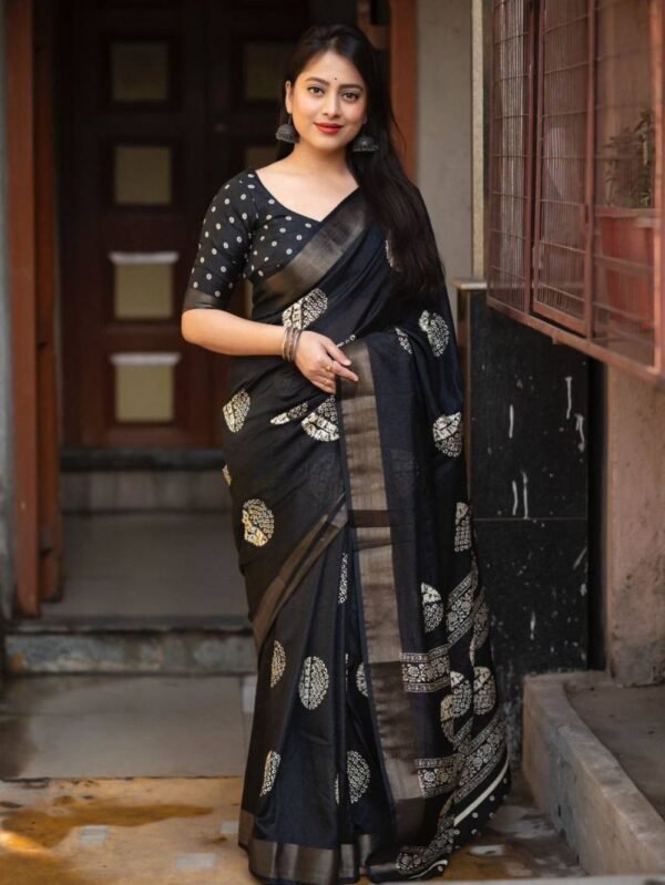 Black Soft Cotton Crepe Batik Print With Zari Pattu Woven Border - blue dhaara