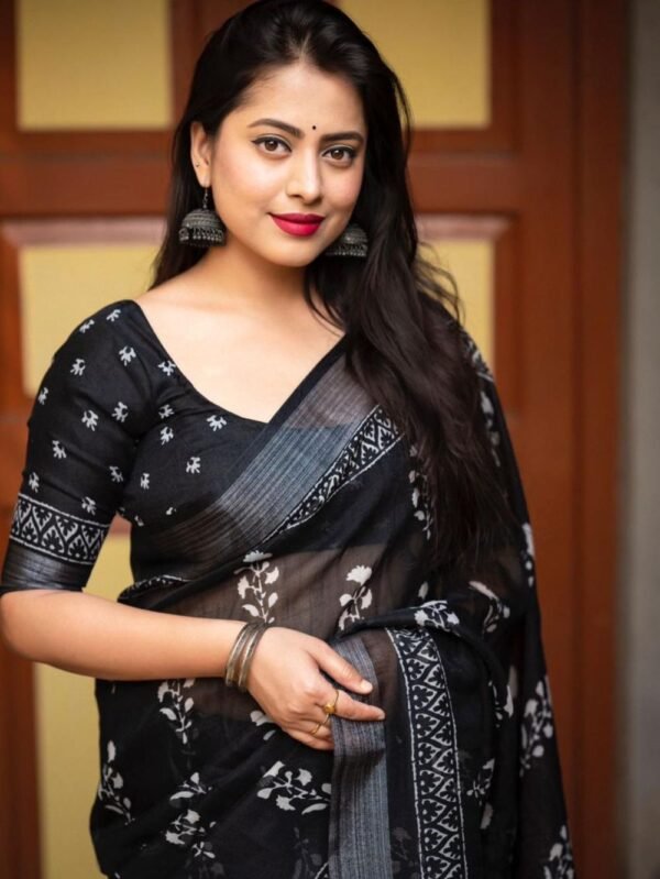 Black linen printed pattu saree