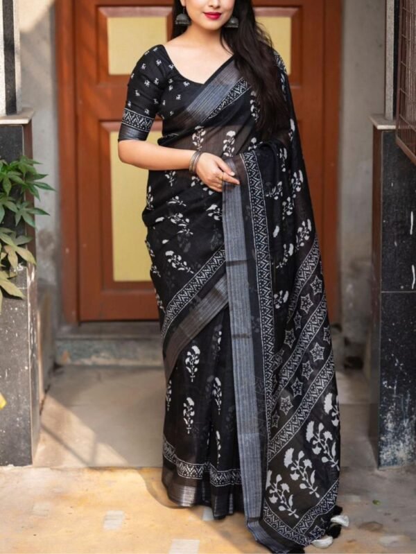 Black linen printed pattu saree - blue Dhaara