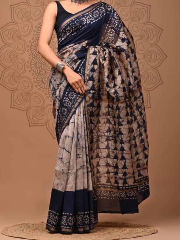 Chanderi Silk Saree Beige with Indigo Blue