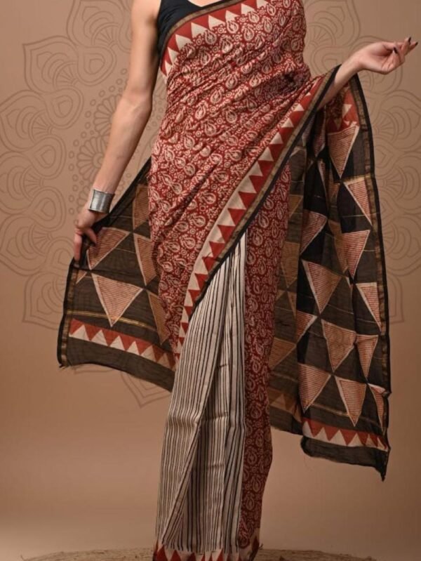 Chanderi Silk Saree Beige with Maroon