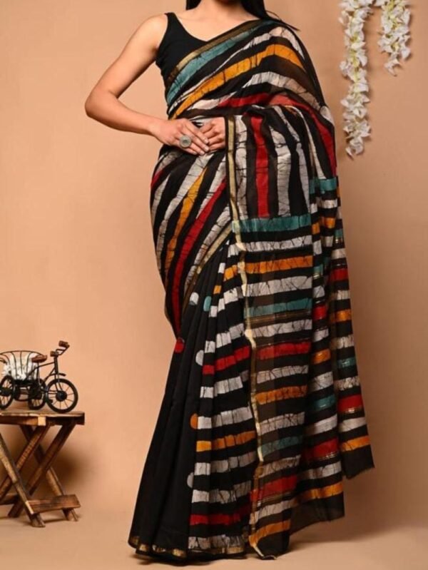 Chanderi Silk Saree Black with Multicolor Stripes