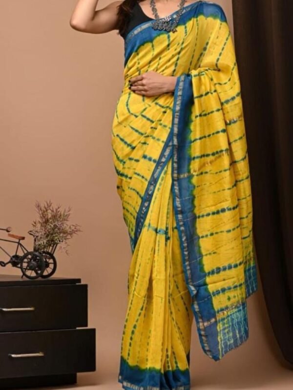 Chanderi Silk Saree Yellow with Teal Blue