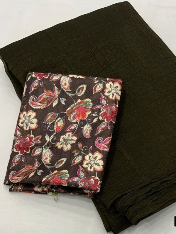 Crush Chiffon Cotton Saree Dark Olive Green Color