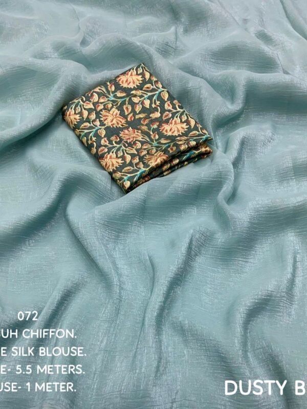 Dusty Blue Color Crush Chiffon Saree With Simple Woven Shining
