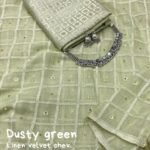 Dusty Green Soft Linen Saree Velvet Chex