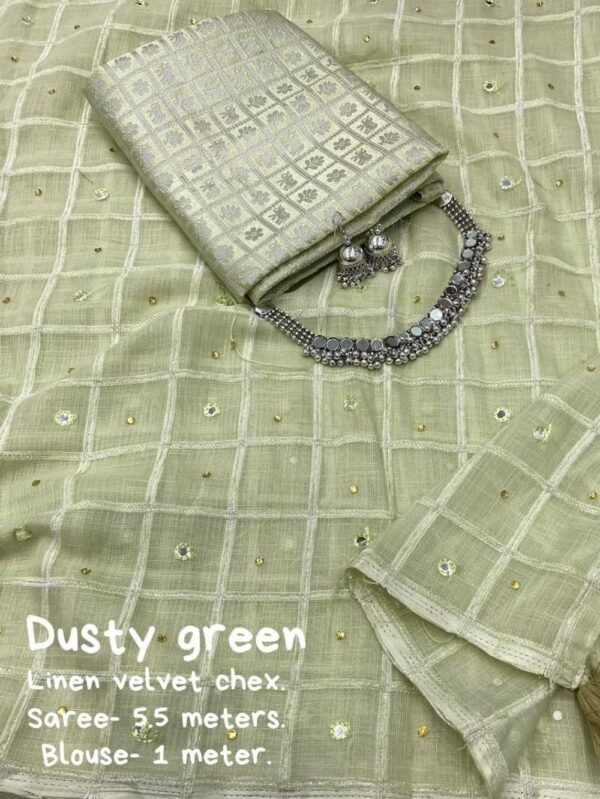 Dusty Green Soft Linen Saree Velvet Chex