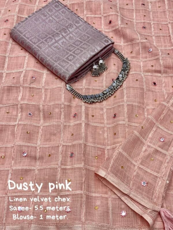 Dusty Pink Soft Linen Saree With Velvet Chex