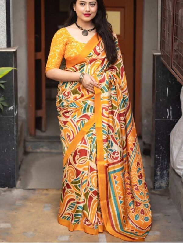 Mustard Yellow color fancy Cotton printed Saree