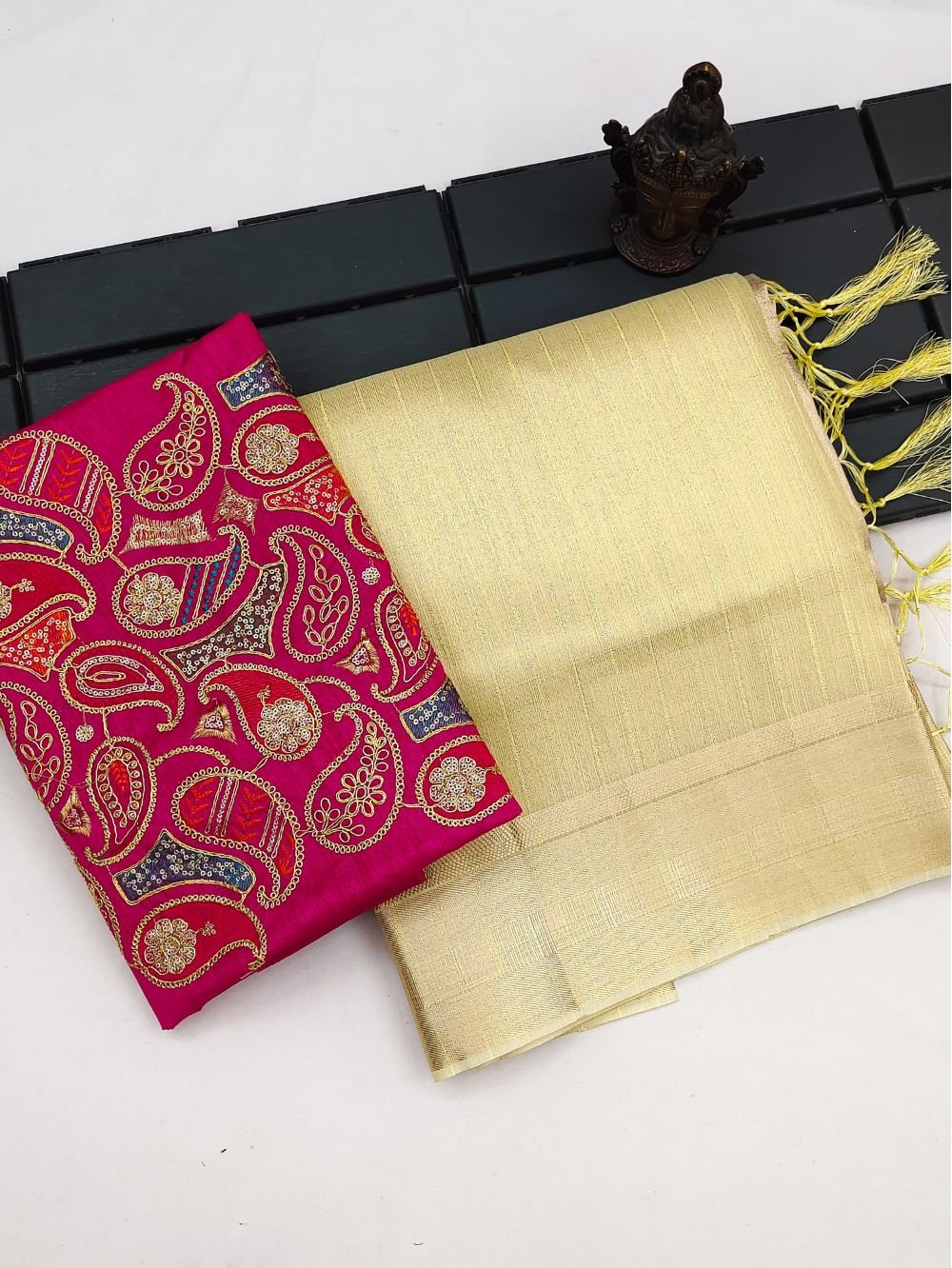 Golden Color Soft Cotton Silk Plain Saree With Border