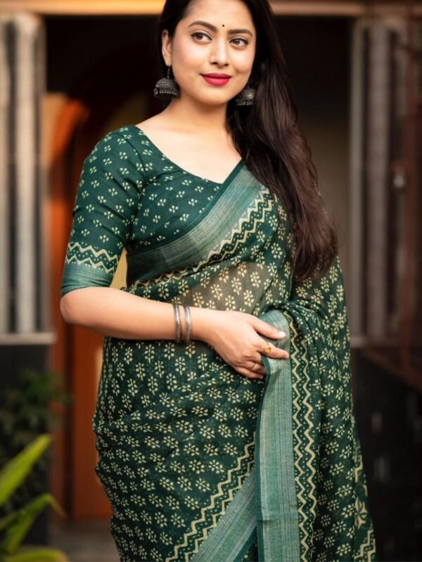 Green linen pattu printed saree