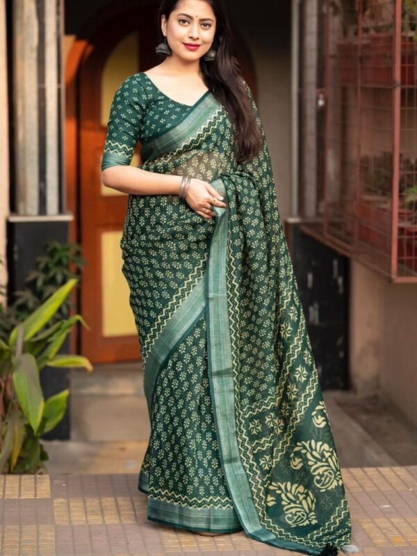 Green linen pattu printed saree - Blue Dhaara