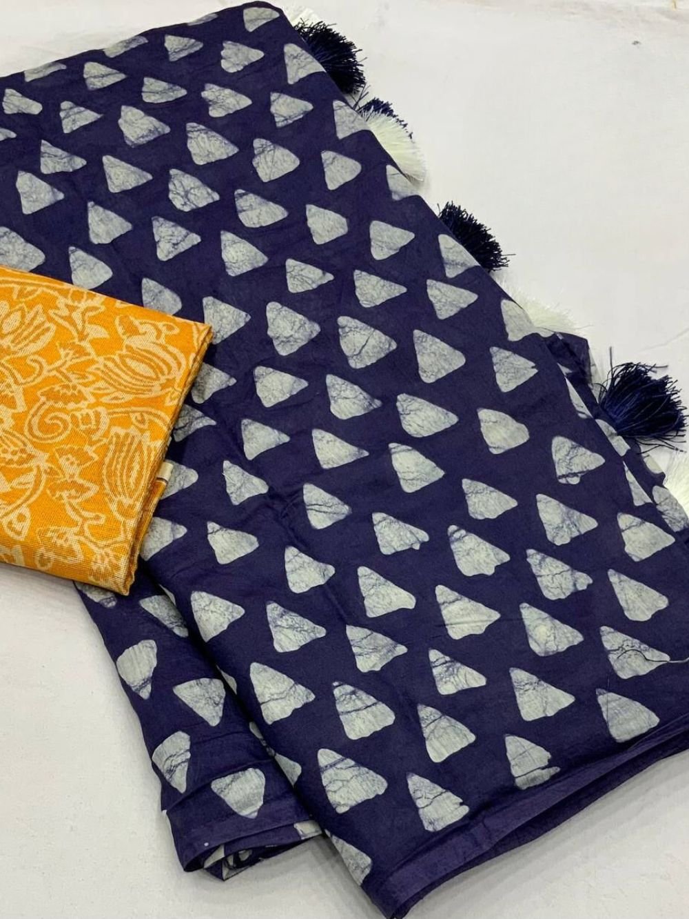 Indigo Batik Blue Saree with Yellow Blouse - Blue Dhaara