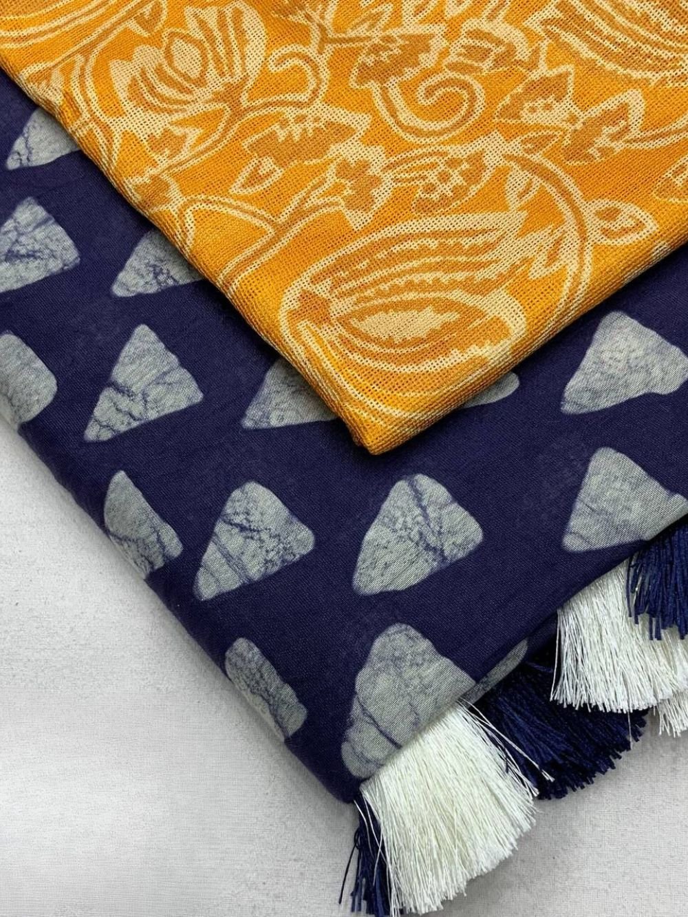 Indigo Batik Blue Saree with Yellow Blouse - Blue