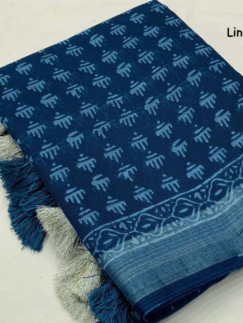 Indigo Blue linen pattu printed saree open view