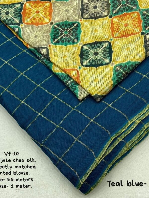 Jute Chex Silk Teal Blue Saree