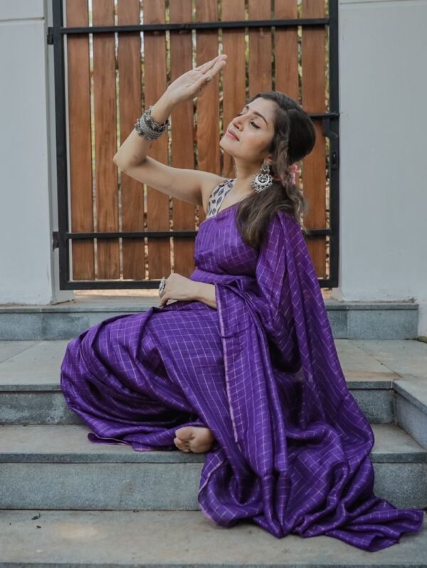 Jute Chex Silk Violet Saree - Blue Dhaara Feature Image