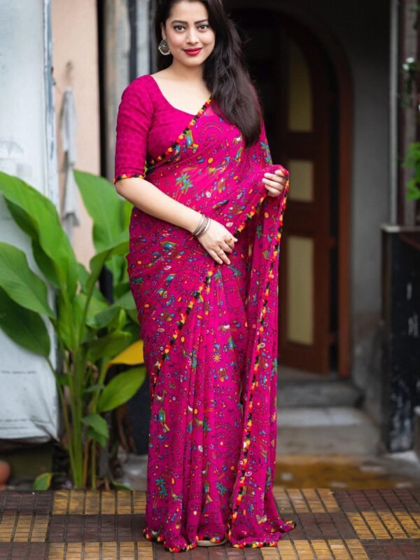 Magenta Printed Georgette Saree - blue dhaara