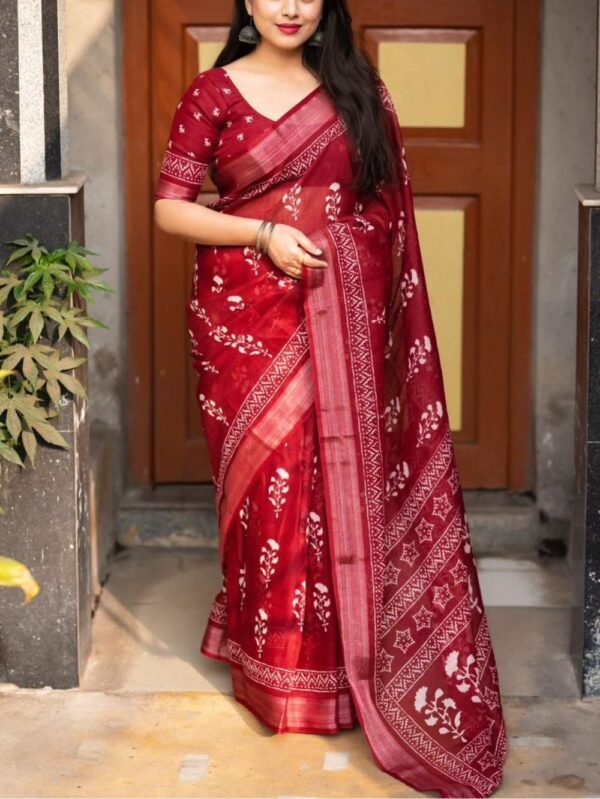 Maroon linen pattu printed saree - Blue Dhaara