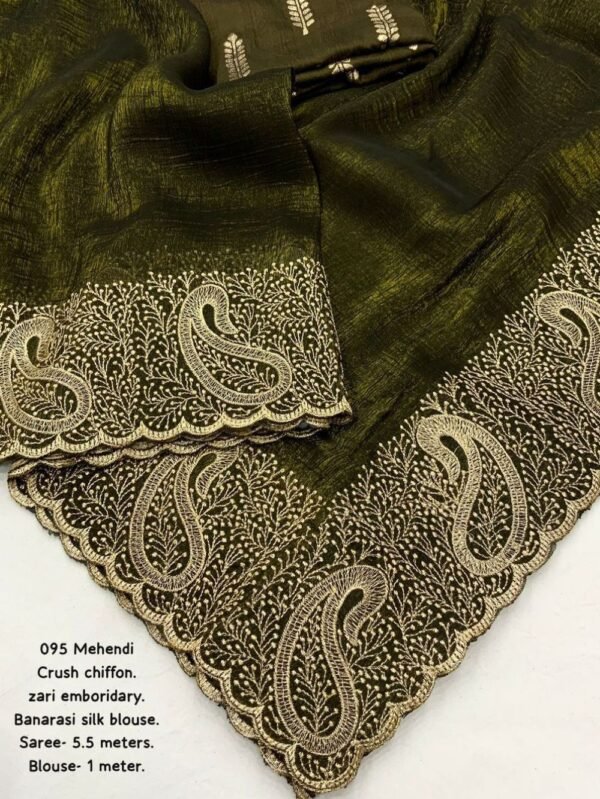 Mehndi Crush Chiffon Zari Embroidery Saree