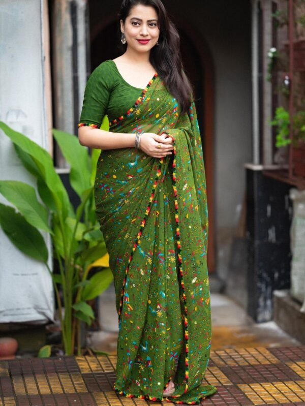 Mehndi Green Printed Georgette Saree blue dhaara