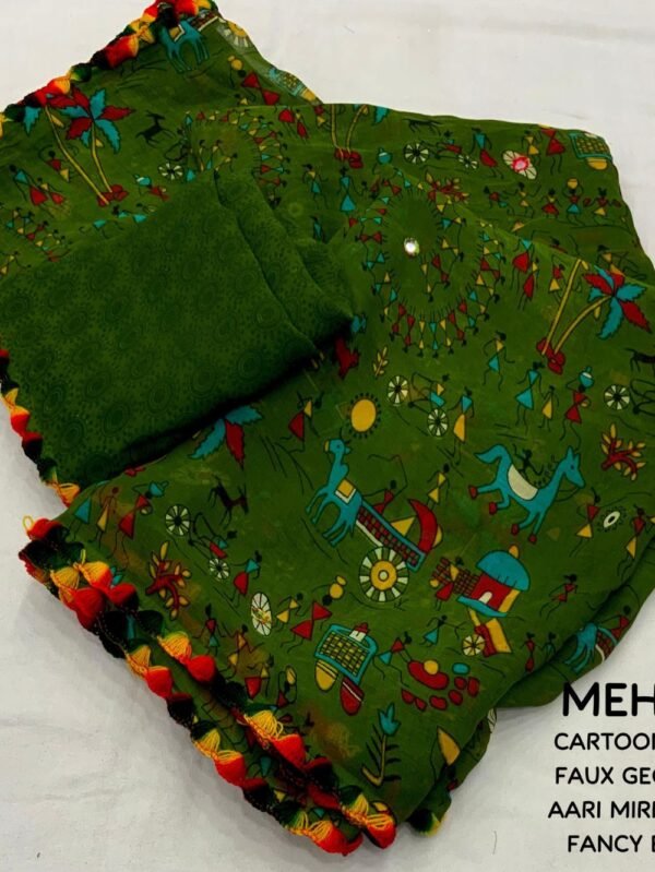 Mehndi Green Printed Georgette Saree open view