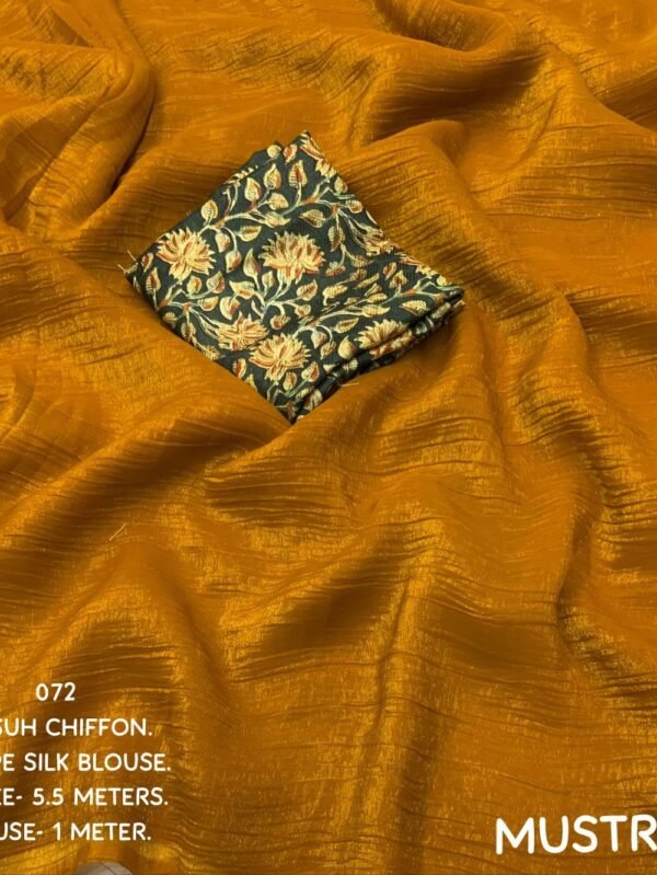 Mustard Color Crush Chiffon Saree With Simple Woven Shining