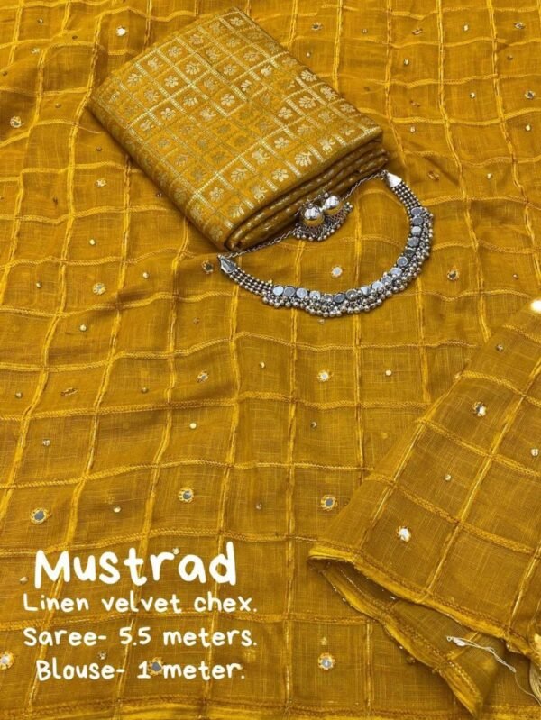 Mustard Yellow Color Soft Linen Saree Weaving With Velvet Chex