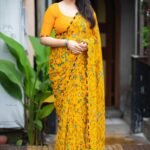 Mustard Yellow Printed Georgette Saree blue dhaara
