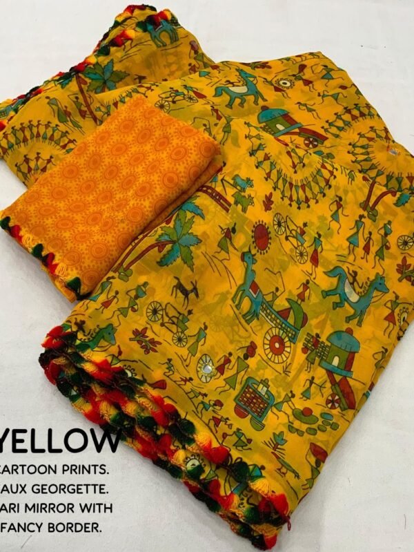 Mustard Yellow Printed Georgette Saree open view