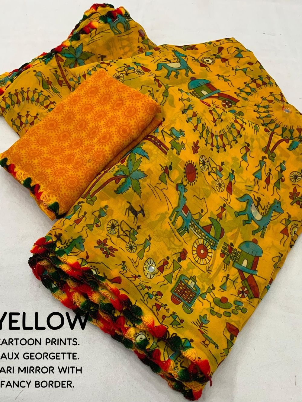 Mustard Yellow Printed Georgette Saree open view