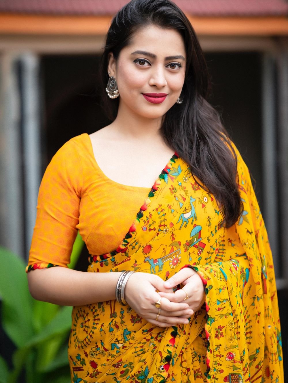 Mustard Yellow Printed Georgette Saree
