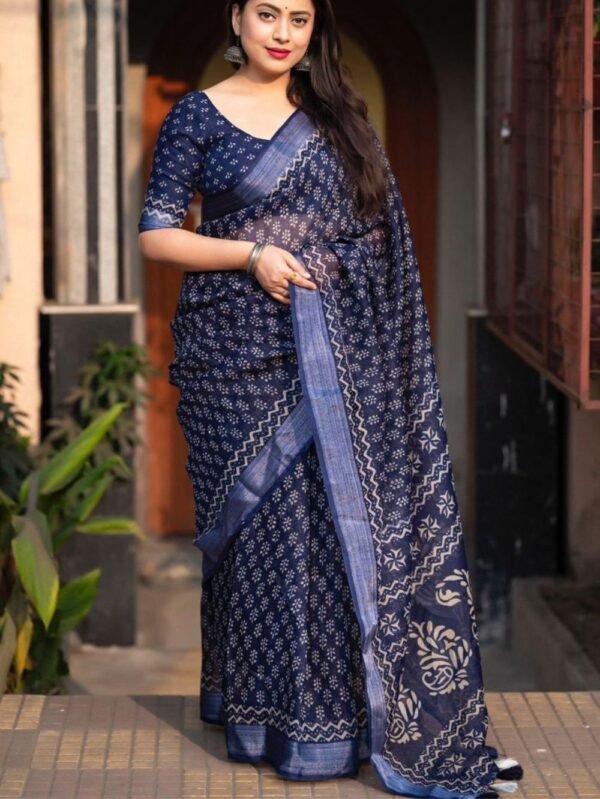 Navy Blue pattu printed saree - blue dhaara