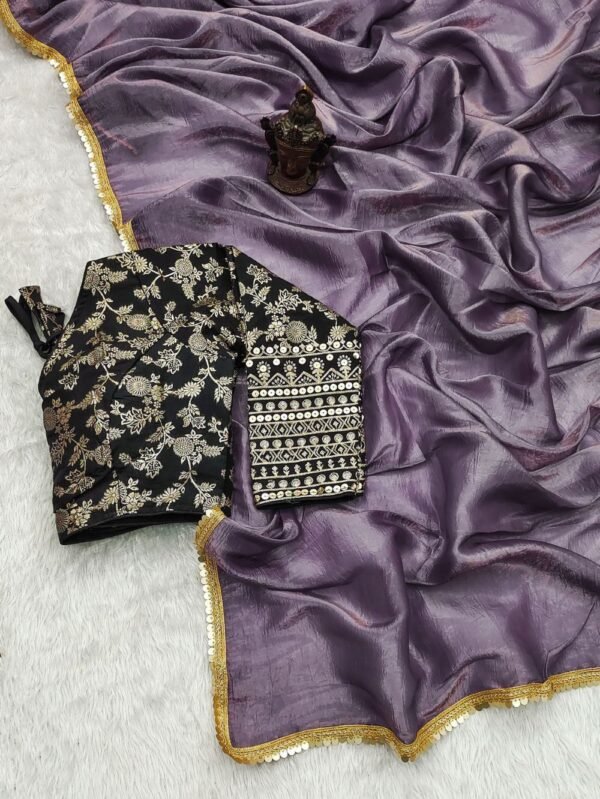 Pure Crushed Tissue Silk Lavender Saree Black Blouse