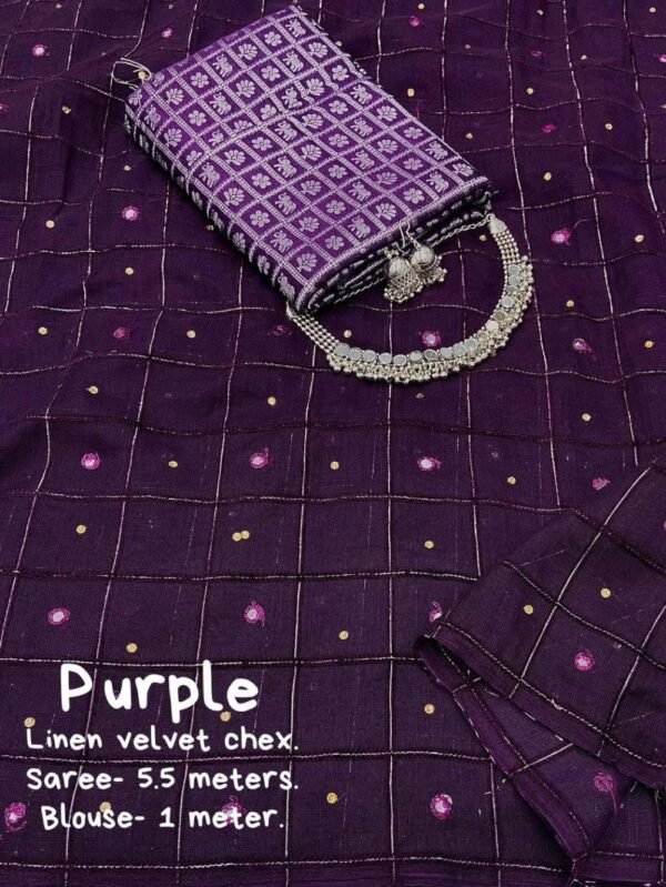 Purple Soft Linen Saree With Weaving Velvet Chex