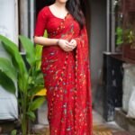 Red Printed Georgette Saree blue dhaara