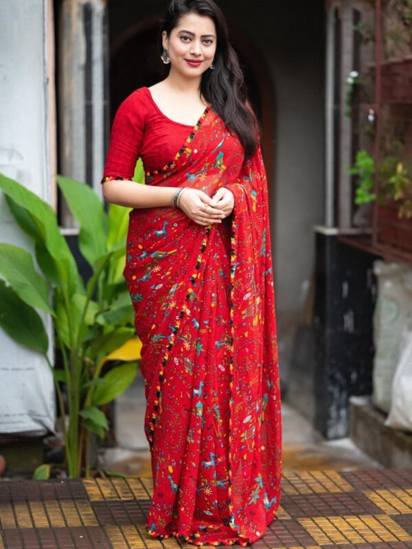 Red Printed Georgette Saree blue dhaara