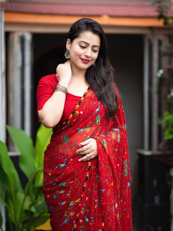 Red Printed Georgette Saree open view