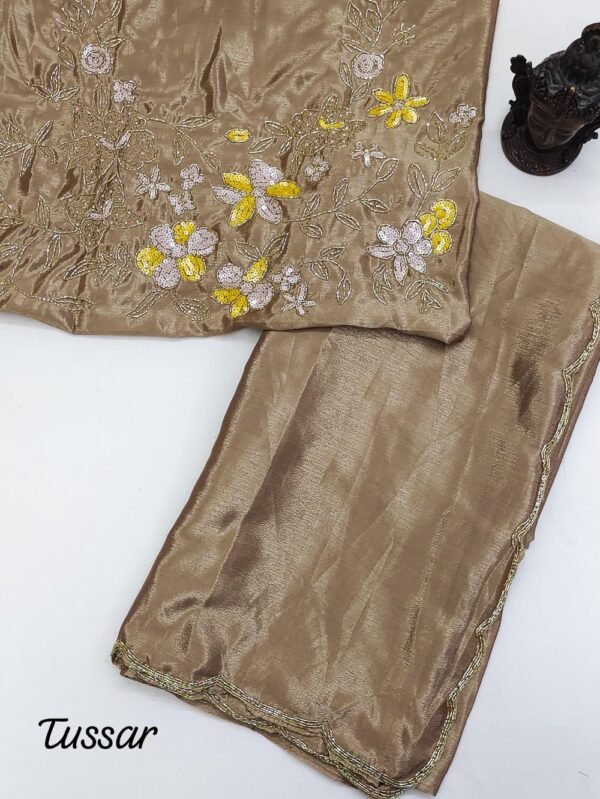 Soft Chinon Silk Saree - Beige Tussar - Blue Dhaara