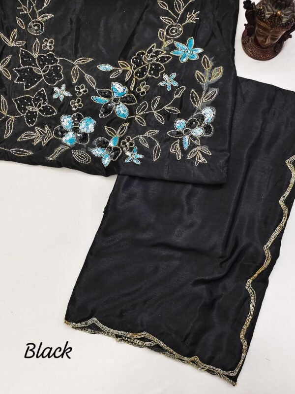 Soft Chinon Silk Saree - Black - Blue Dhaara
