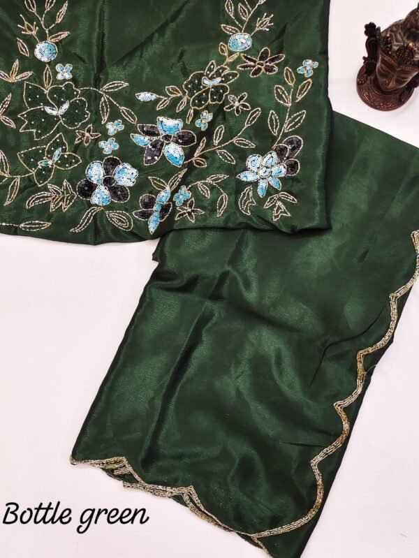 Soft Chinon Silk Saree - Bottle Green - Blue Dhaara