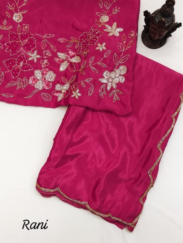 Soft Chinon Silk Saree - Rani - Blue Dhaara