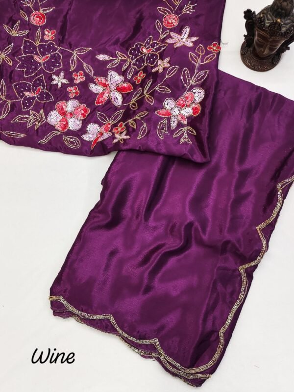 Soft Chinon Silk Saree - Wine - Blue Dhaara