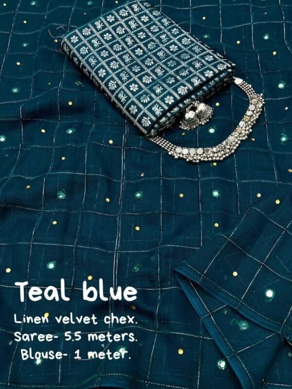 Teal Blue Color Soft Linen Saree With Velvet Chex