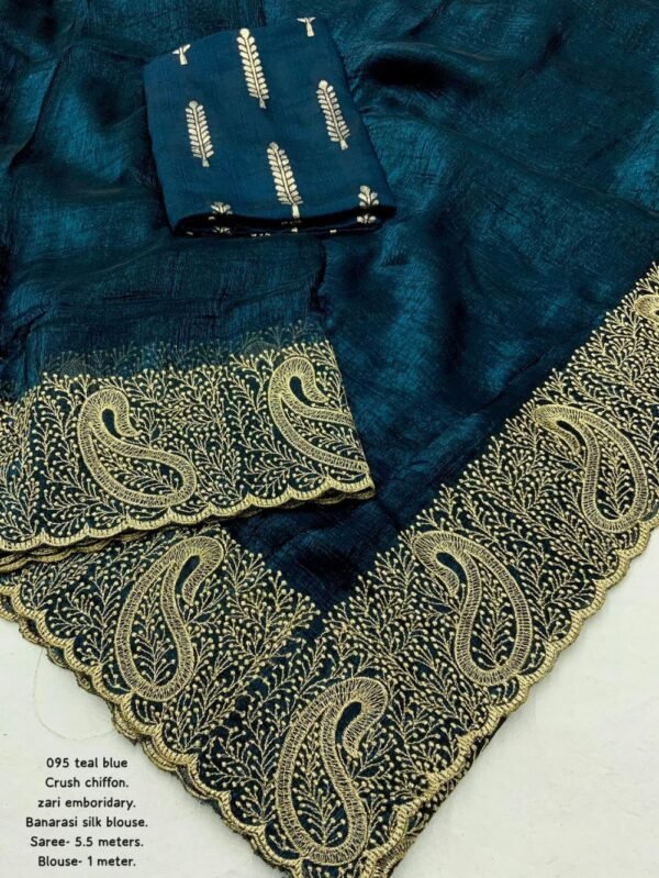 Teal Blue Crush Chiffon Zari Embroidery Blue Dhaara