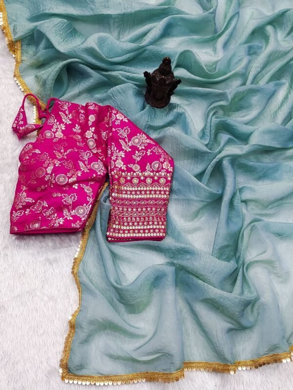 Tissue Silk Saree - Crushed Tissue Silk Ferozi Majenta - Blue Dhaara