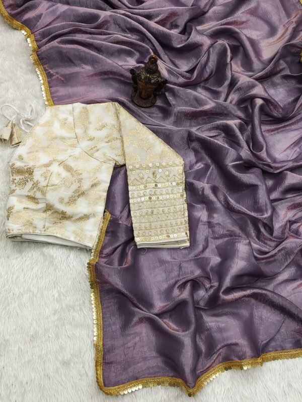 Tissue Silk Saree - Crushed Tissue Silk Lavender Cream - Blue Dhaara