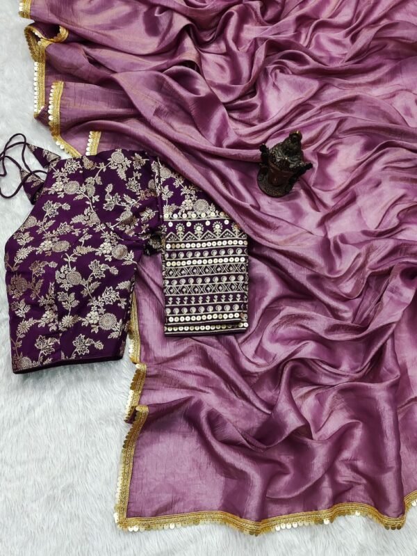 Tissue Silk Saree - Crushed Tissue Silk Lavender Purple - Blue Dhaara